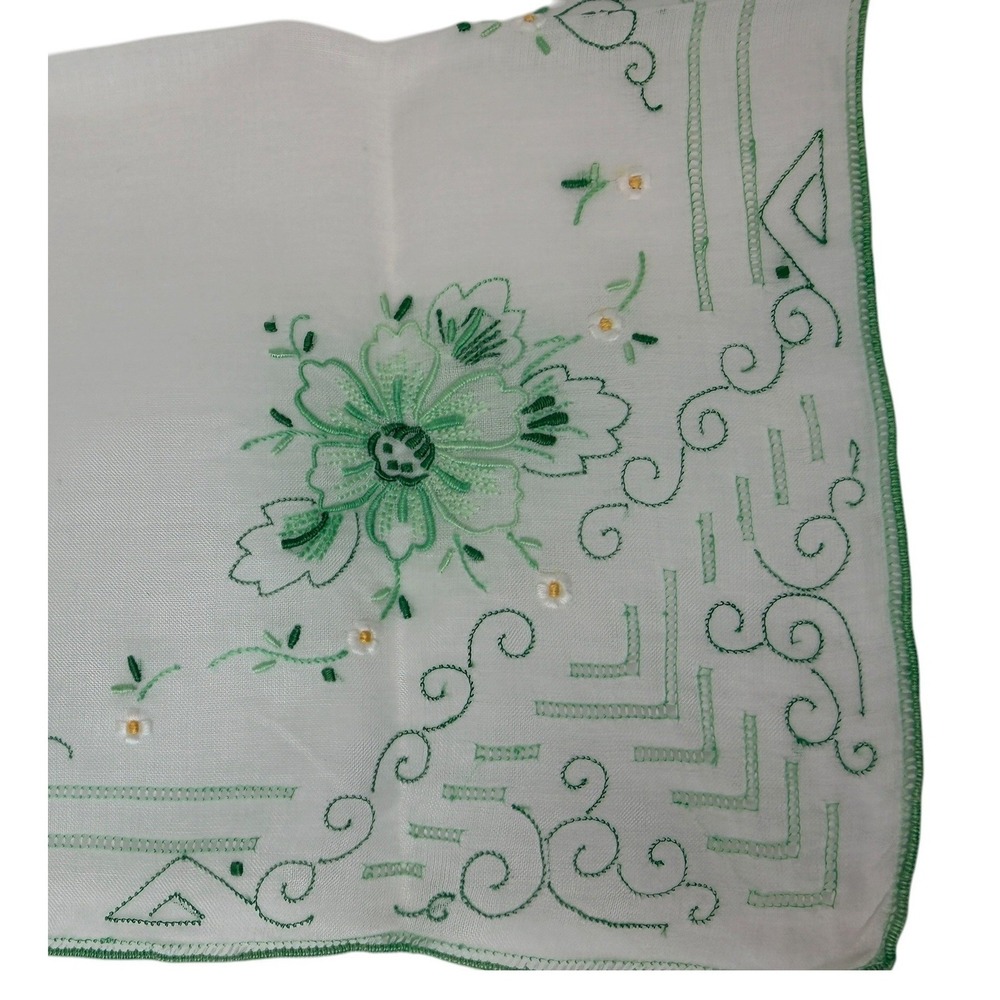 Vintage White Handkerchief Green Floral Embroidery Scalloped Edge Handkerchief